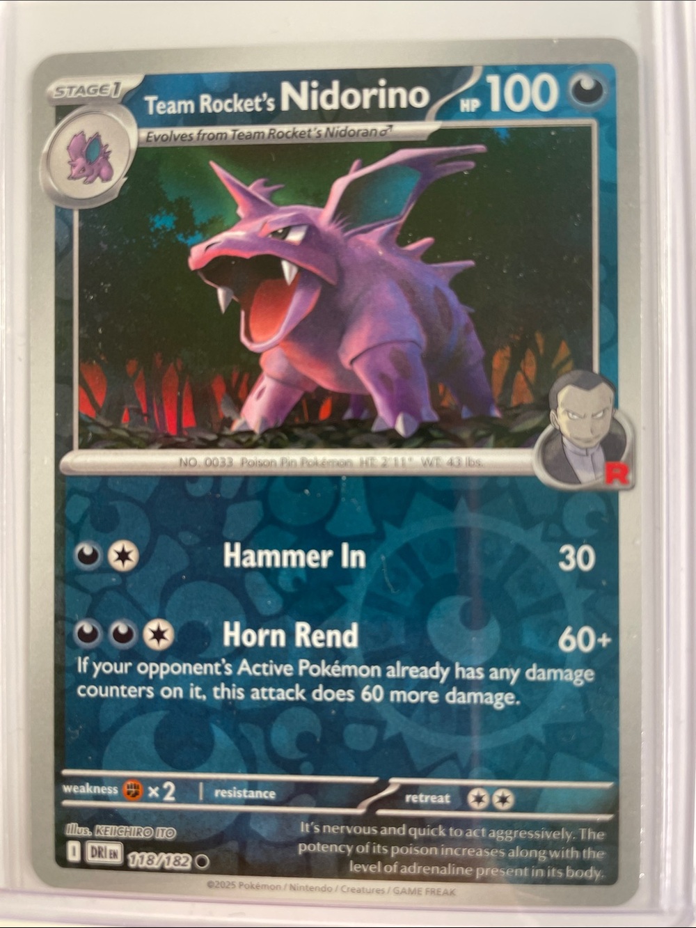 Pokemon Team Rocket’s Nidorino Card - Purple and Blue Artwork